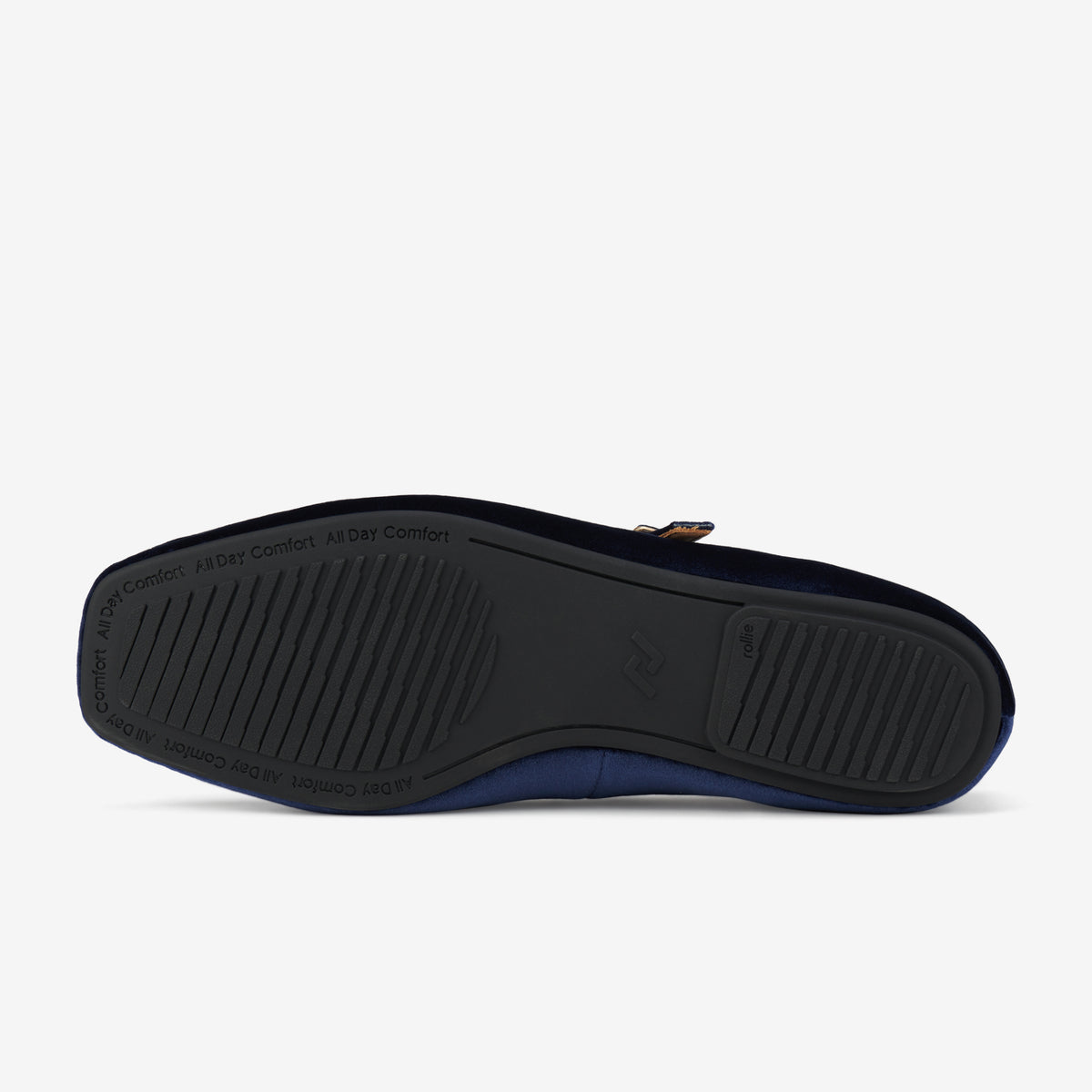 Rollie Mary Jane Navy Velvet — women's velvet flat, worn and styled on-foot