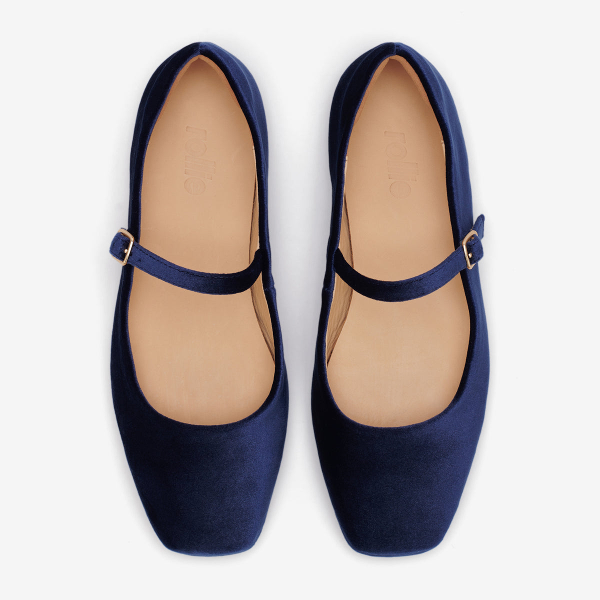 Rollie Mary Jane Navy Velvet — women's velvet flat, top-down view