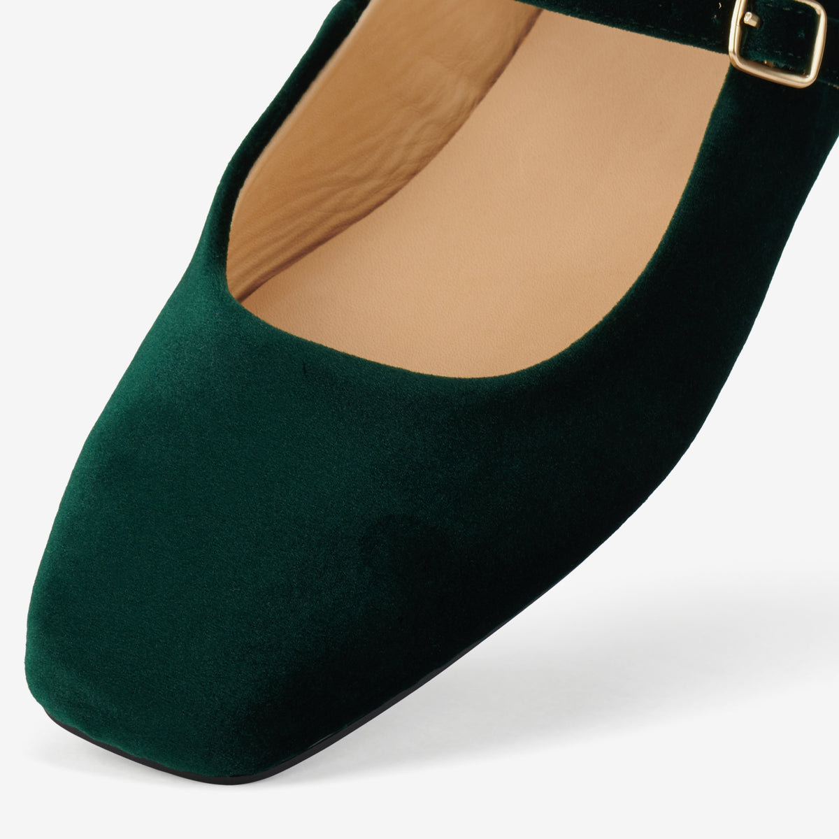 Rollie Mary Jane Emerald Velvet — women's velvet flat, styled campaign shot