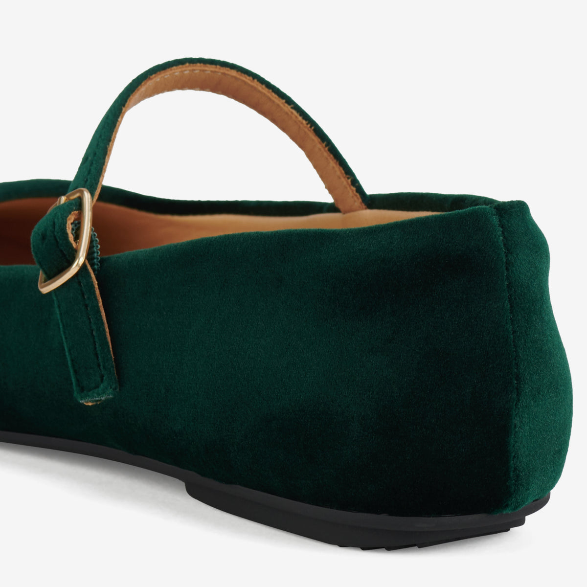 Rollie Mary Jane Emerald Velvet — women's velvet flat, styled campaign shot (2)