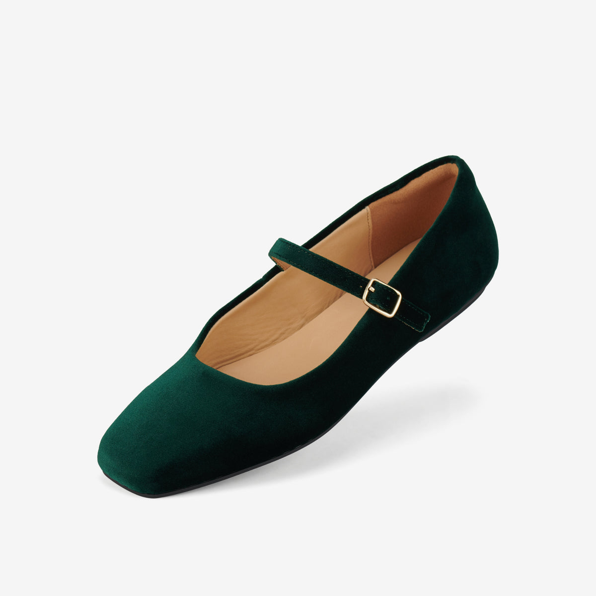 Rollie Mary Jane Emerald Velvet — women's velvet flat, styled lifestyle shot