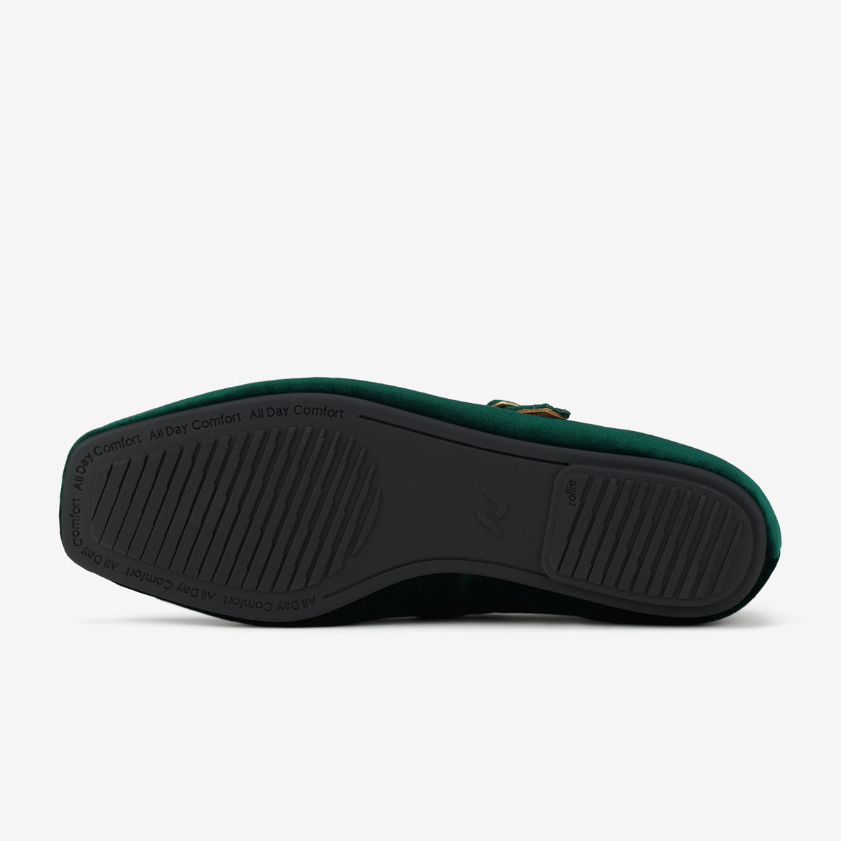 Rollie Mary Jane Emerald Velvet — women's velvet flat, worn and styled on-foot