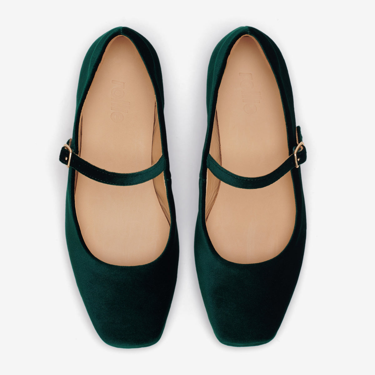 Rollie Mary Jane Emerald Velvet — women's velvet flat, top-down view