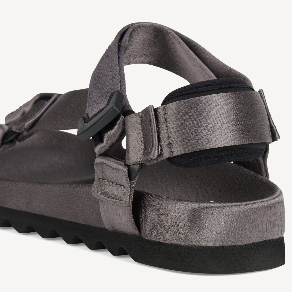 Rollie Sandal Tooth Wedge Pewter Satin — women's sandal, heel and back view