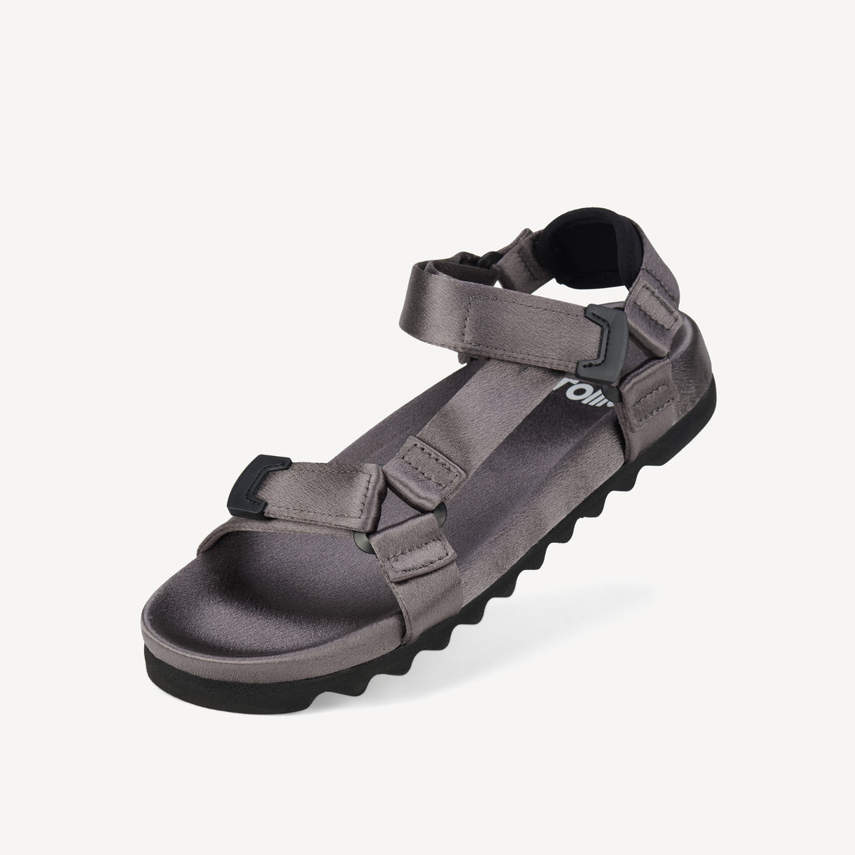 Rollie Sandal Tooth Wedge Pewter Satin — women's sandal, worn and styled on-foot