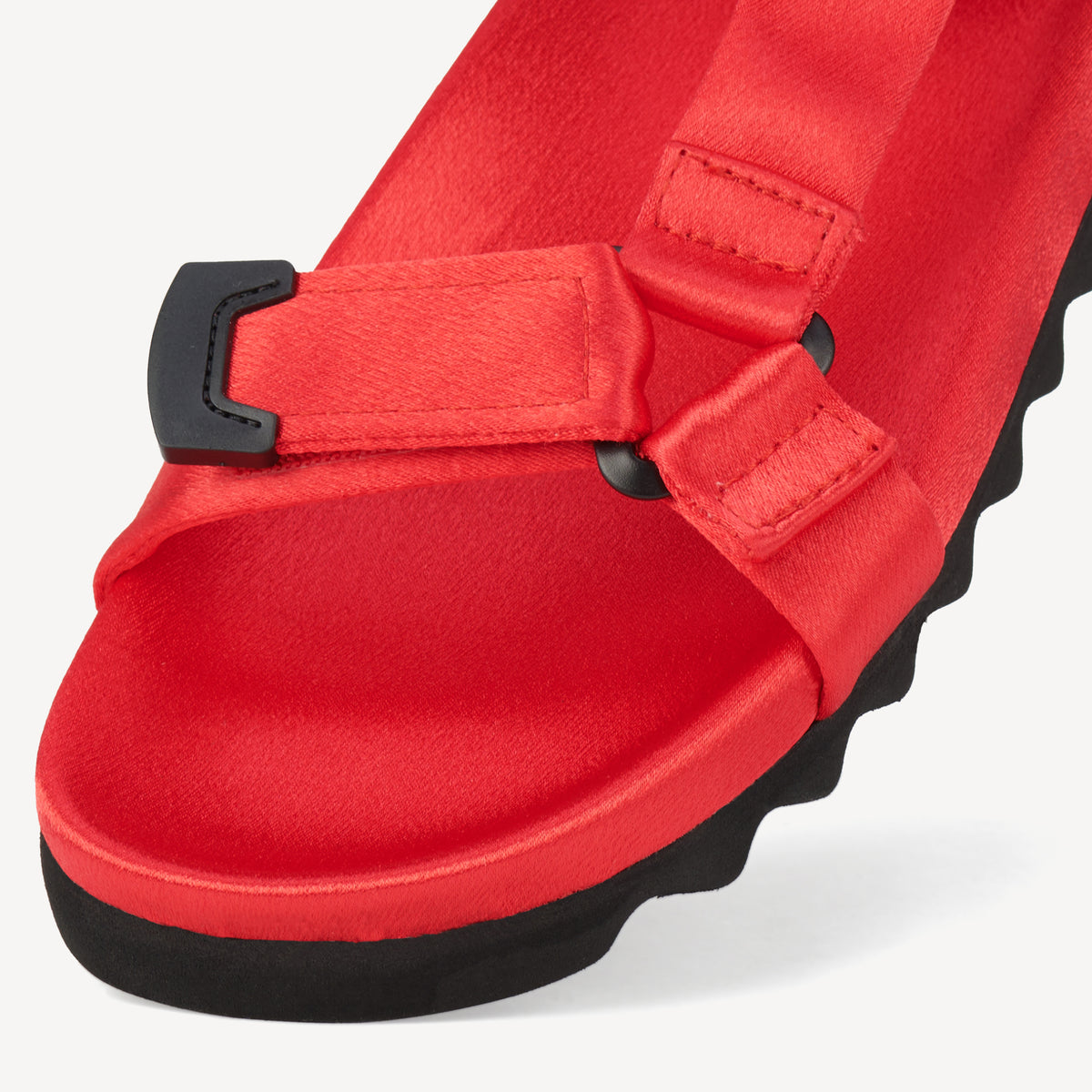 Rollie Sandal Tooth Wedge Red Satin — women's sandal, angled three-quarter view