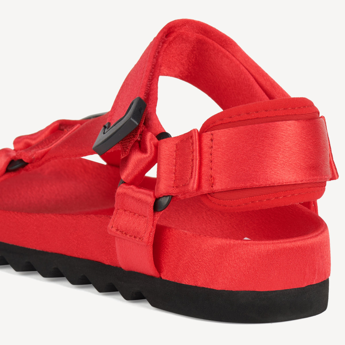 Rollie Sandal Tooth Wedge Red Satin — women's sandal, heel and back view