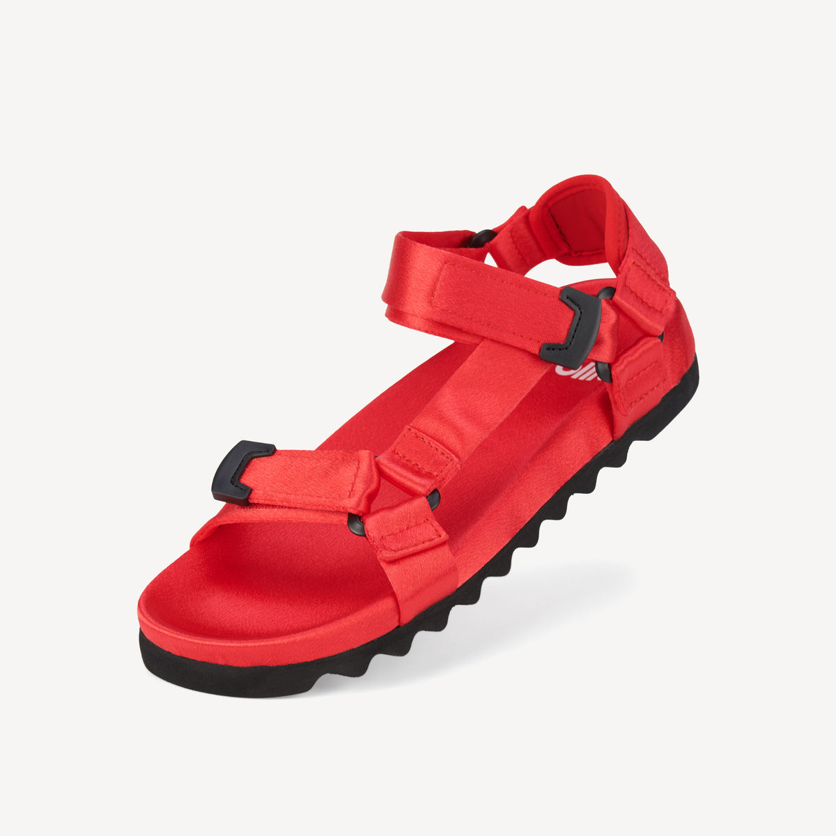 Rollie Sandal Tooth Wedge Red Satin — women's sandal, worn and styled on-foot