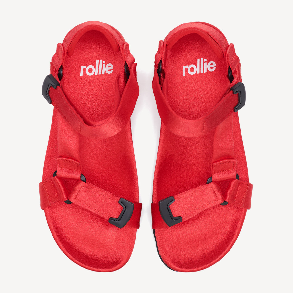 Rollie Sandal Tooth Wedge Red Satin — women's sandal, top-down view