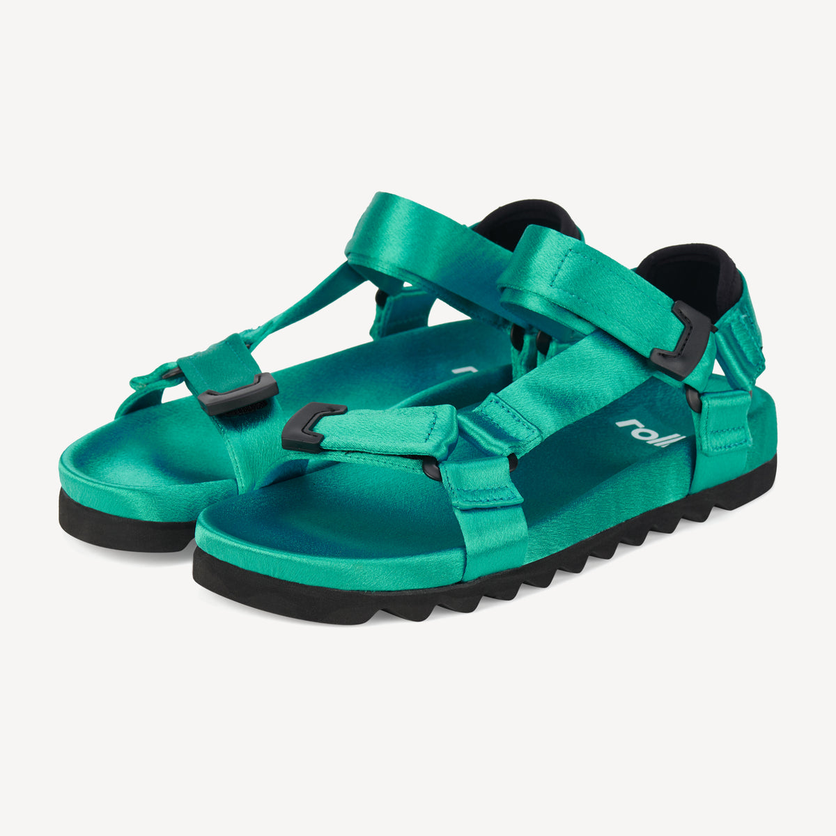 Rollie Sandal Tooth Wedge Teal Satin — women's sandal, front view