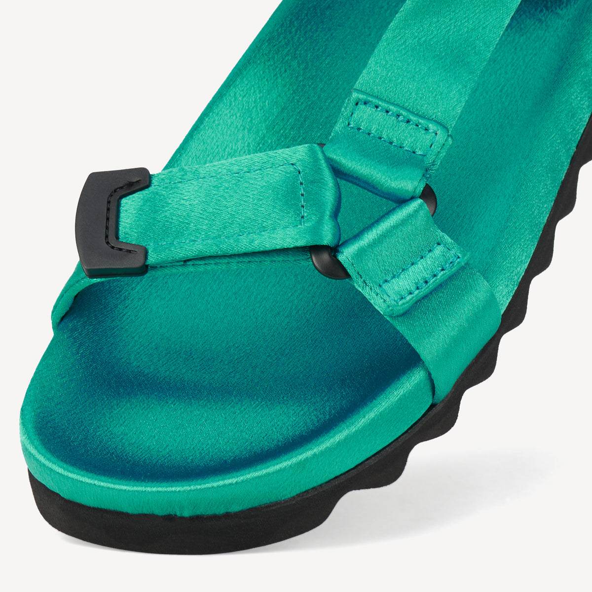 Rollie Sandal Tooth Wedge Teal Satin — women's sandal, angled three-quarter view