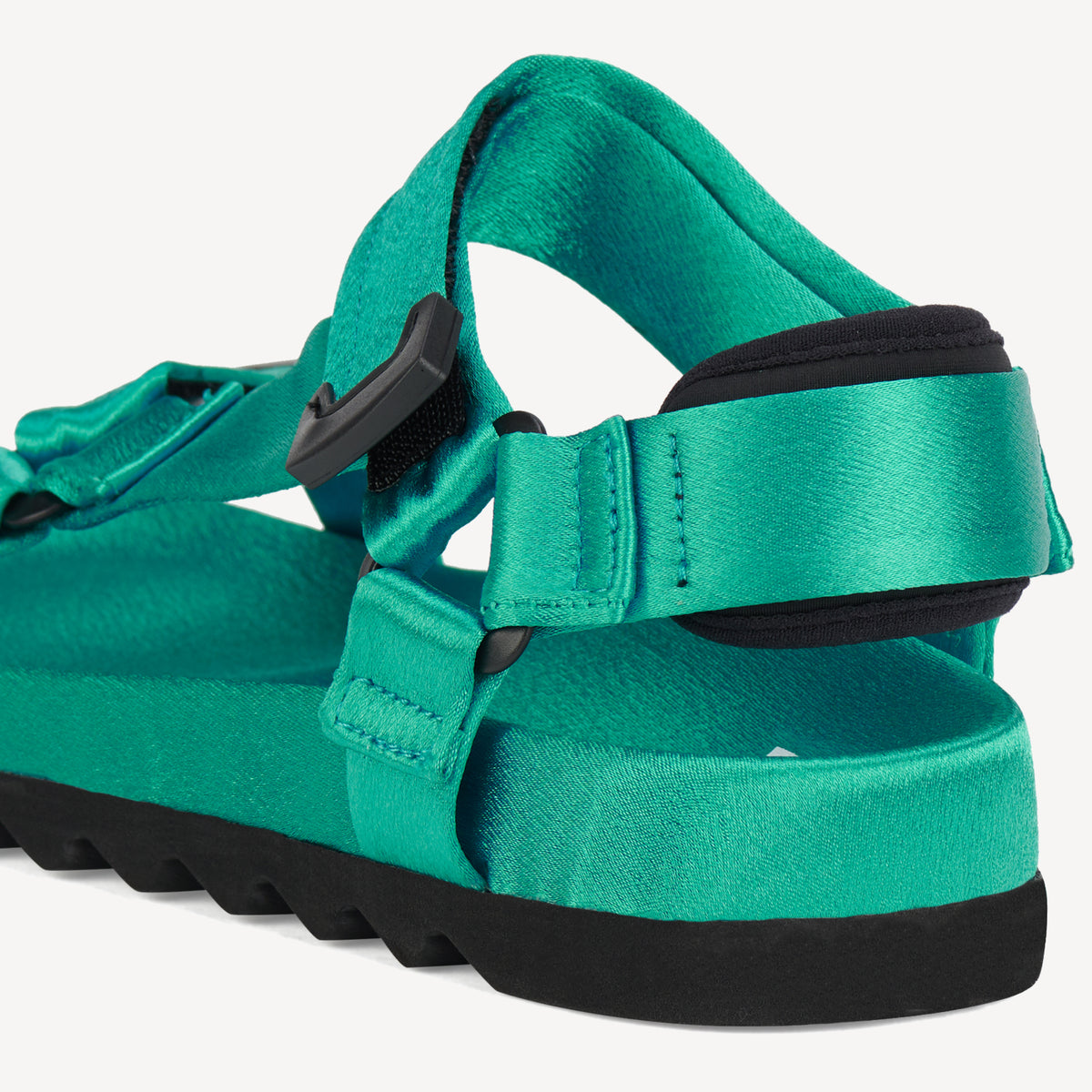 Rollie Sandal Tooth Wedge Teal Satin — women's sandal, heel and back view