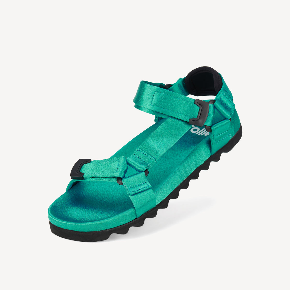 Rollie Sandal Tooth Wedge Teal Satin — women's sandal, worn and styled on-foot