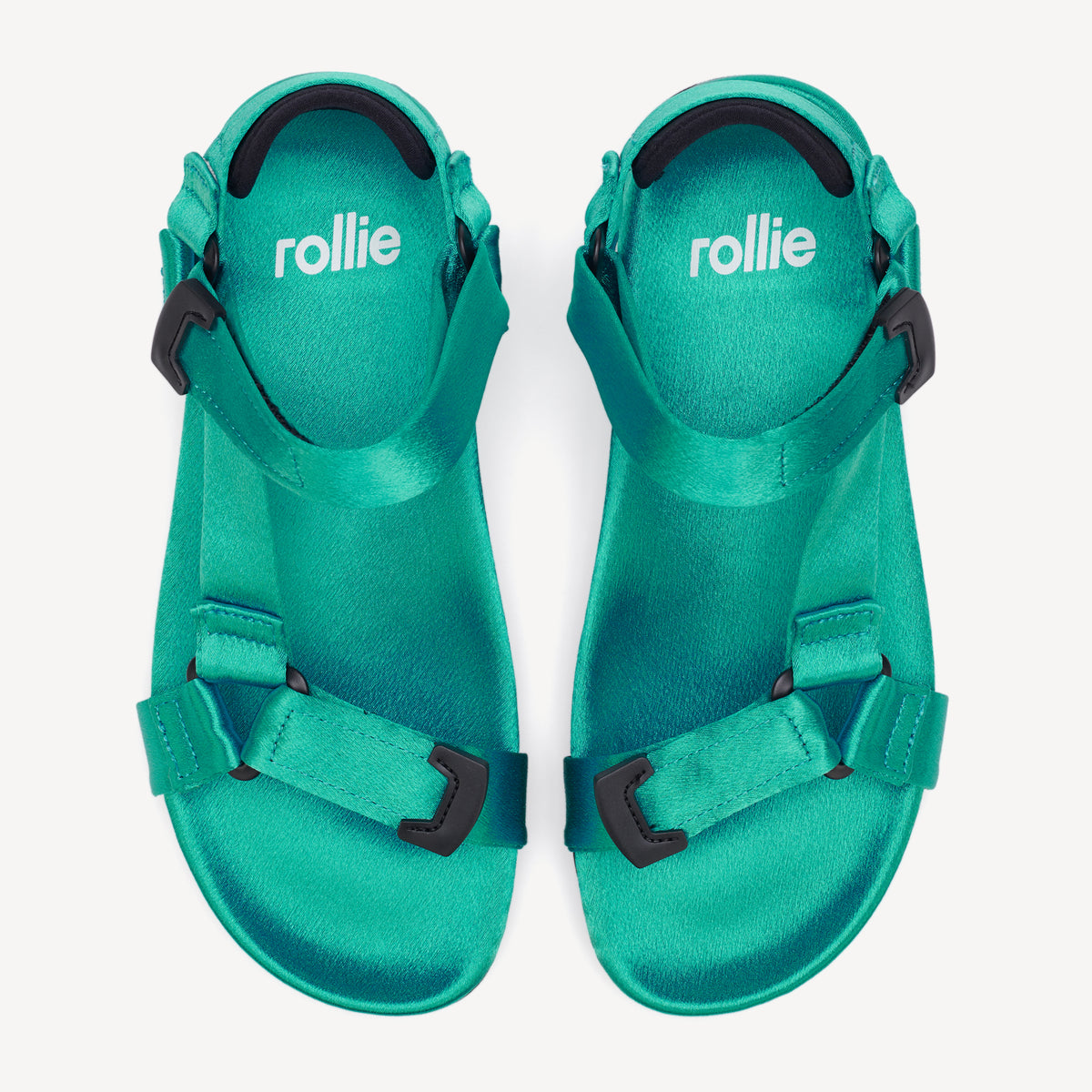 Rollie Sandal Tooth Wedge Teal Satin — women's sandal, top-down view