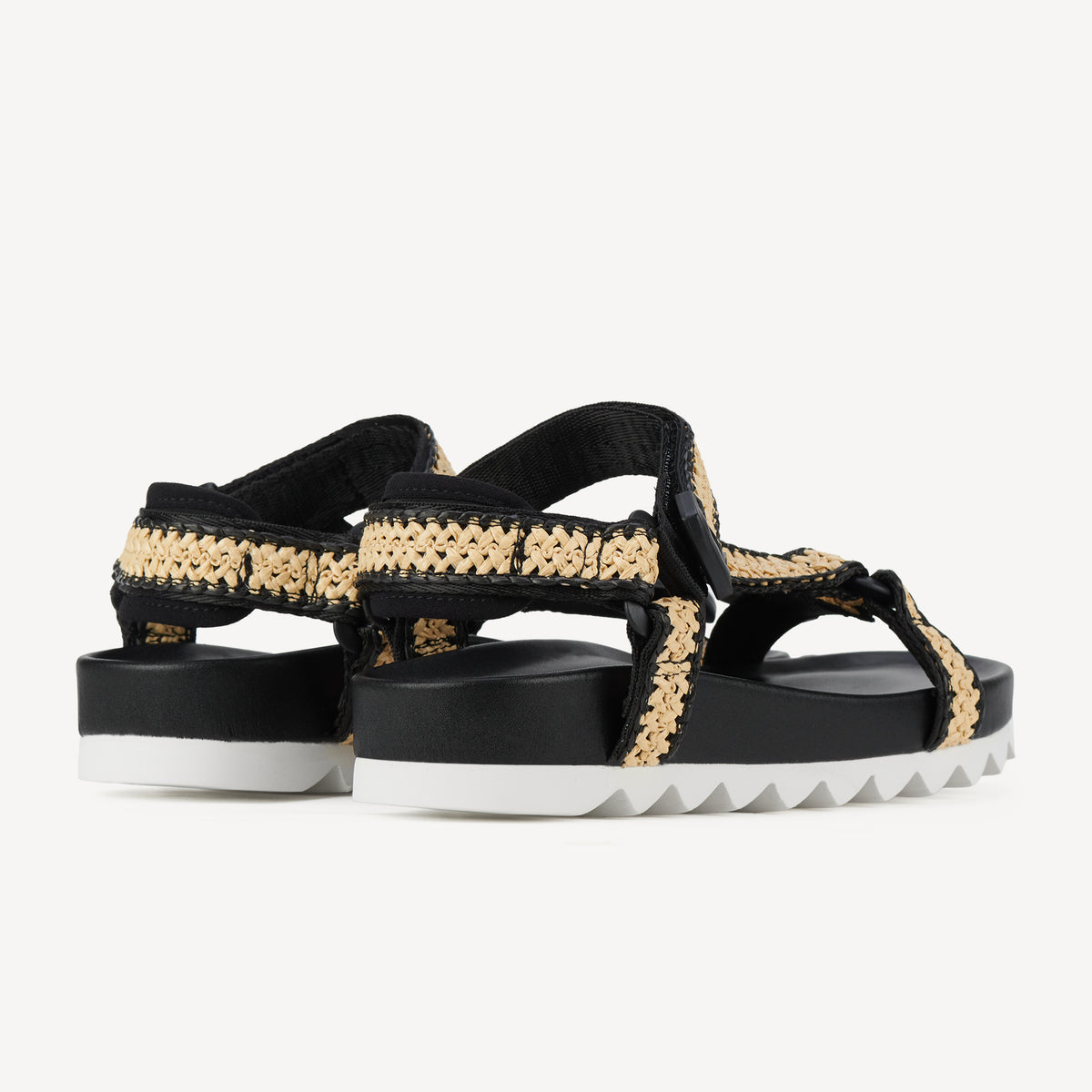 Rollie Sandal Tooth Wedge Black/White Raffia — women's sandal, heel and back view