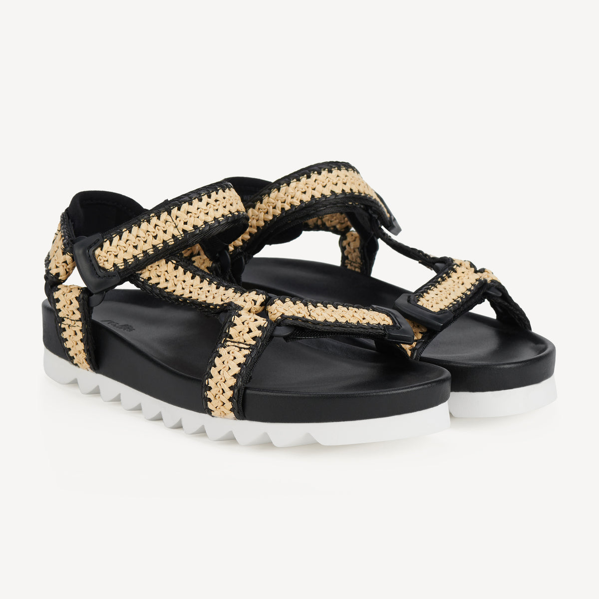 Rollie Sandal Tooth Wedge Black/White Raffia — women's sandal, front view