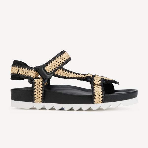 Rollie Sandal Tooth Wedge Black/White Raffia — women's sandal, side profile