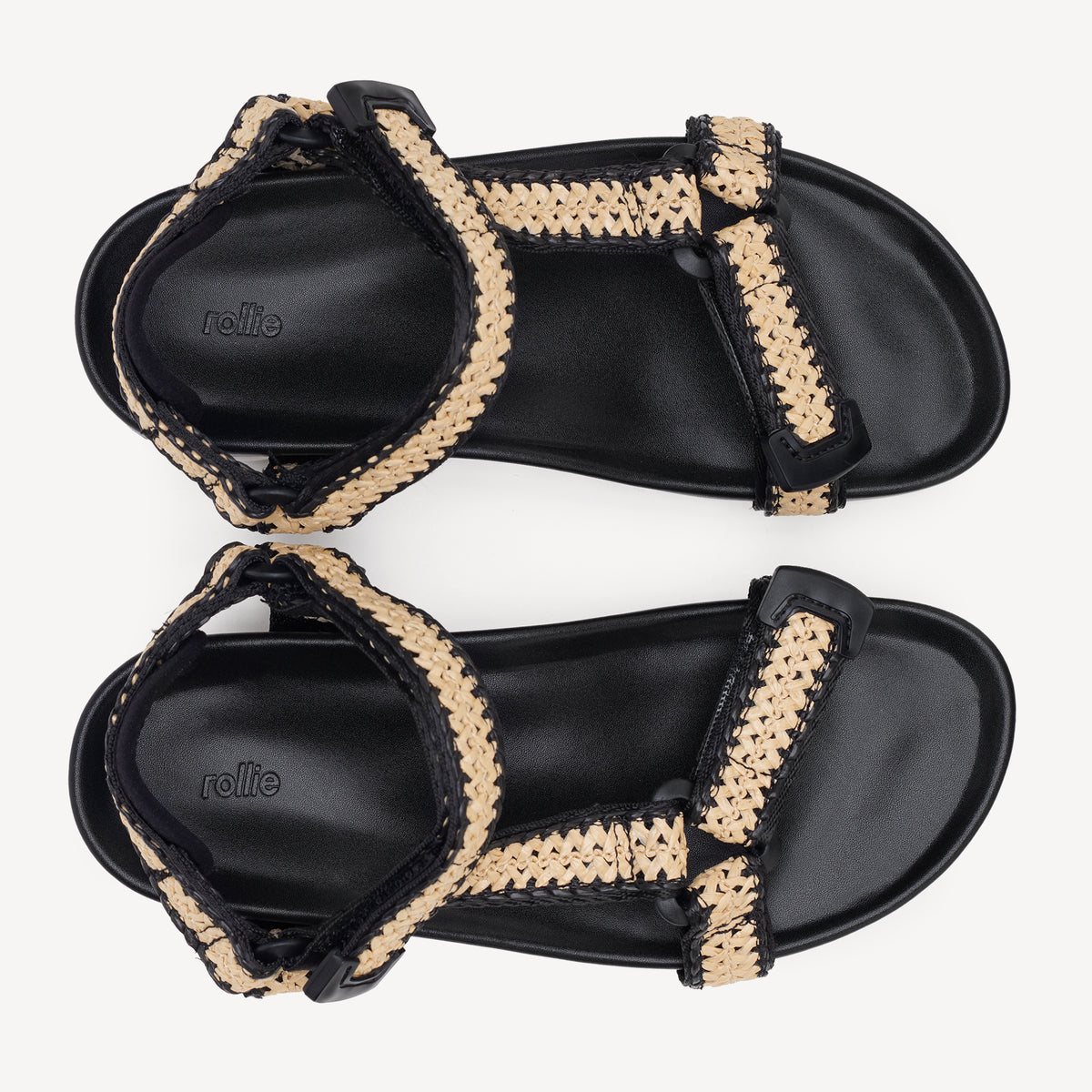 Rollie Sandal Tooth Wedge Black/White Raffia — women's sandal, top-down view