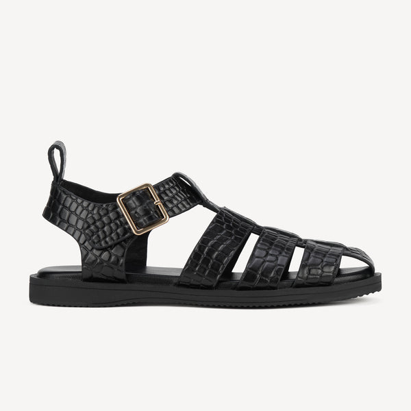 Rollie Sandal Fisherman Black Emboss — women's sandal, side profile